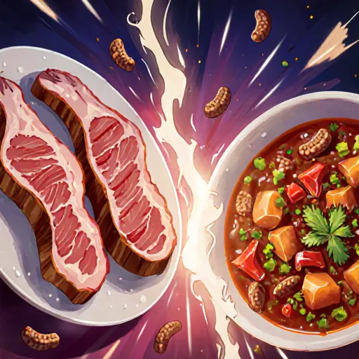 A split image of a healthy dog beside two bowls—one with raw kibble and one with cooked food—illustrating the raw vs cooked diet debate.