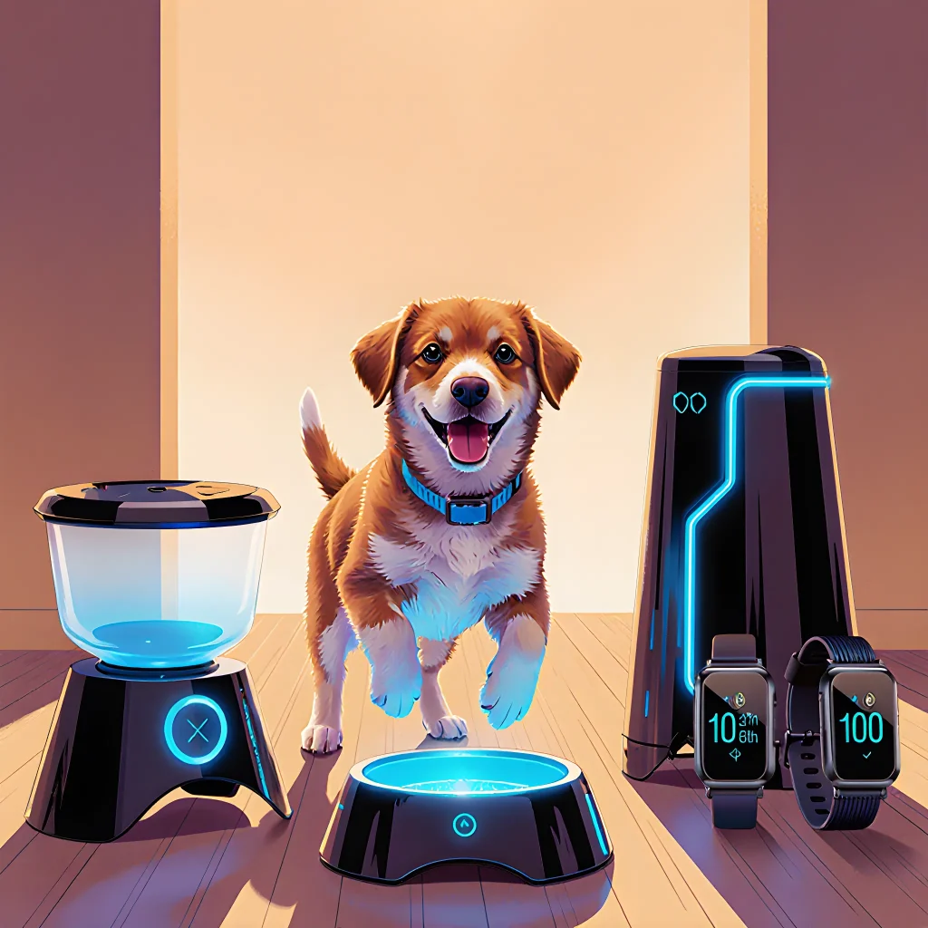 A playful puppy wearing a smart collar and surrounded by high‑tech feeding and training devices designed to enhance growth
