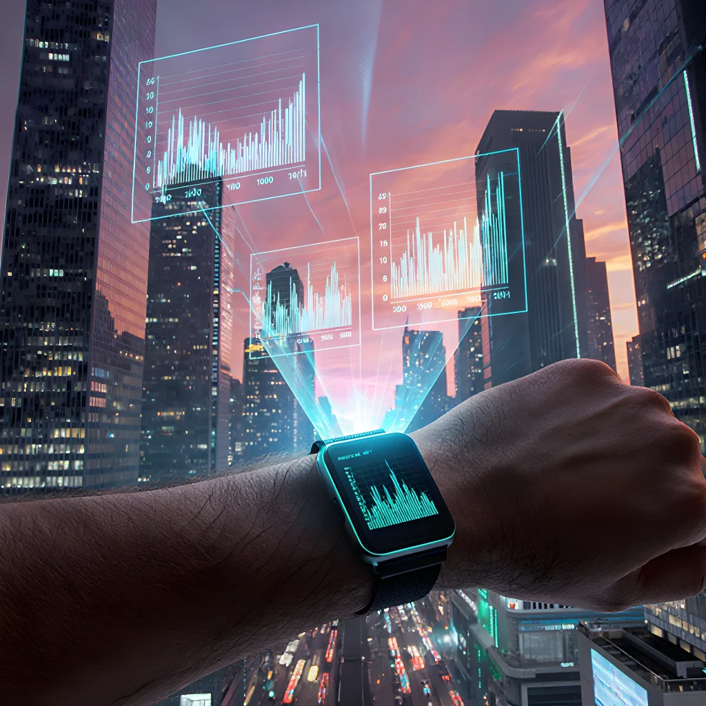 A sleek smartwatch displaying a dynamic growth chart on its screen, symbolizing real‑time tracking of personal progress.