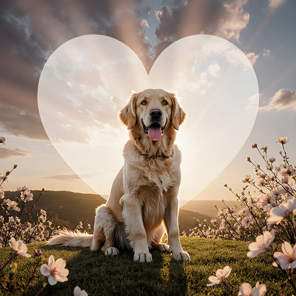 A happy family holding a rescued dog in front of a sunset-lit home, symbolizing lifelong companionship