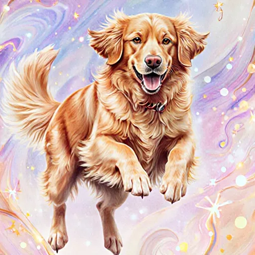 Portrait of a golden retriever with gentle, glowing eyes in soft natural light, conveying a soulful, magical presence