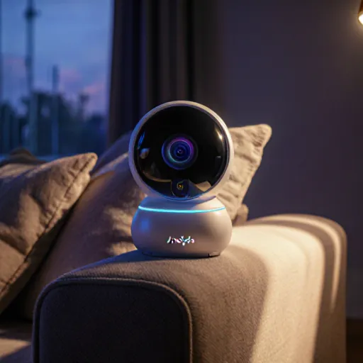 Nighttime view of a sleek smart pet camera on a balcony overlooking a sleeping dog, with glowing notification icon indicating active monitoring