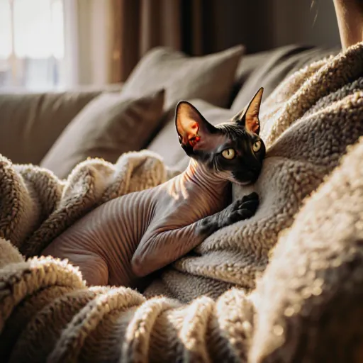 A close-up image of a Sphynx cat with a person, highlighting the unique care and affection needed for this breed.