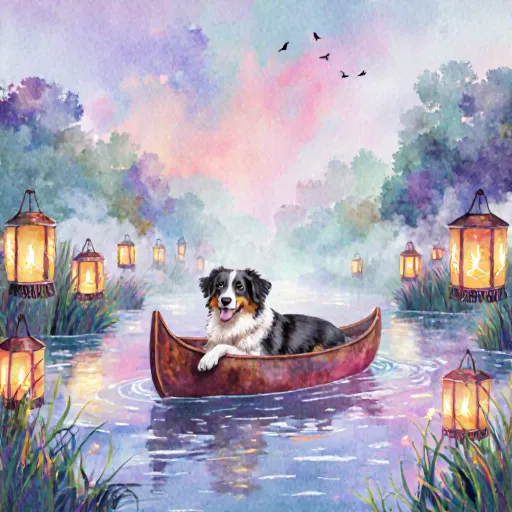 A peaceful dog walking beside a calm river while its owner gently holds the leash, symbolizing relaxed, gag-free travel