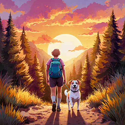 A happy owner walking a joyful golden retriever through the woods