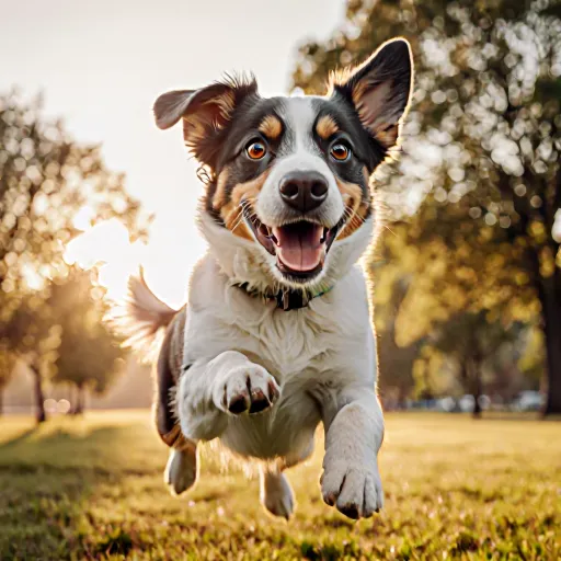 A joyful golden retriever running excitedly in a sunny park, symbolizing unleashed motivation and active engagement
