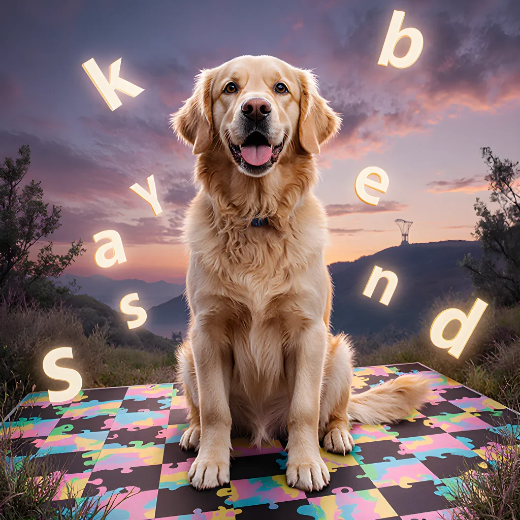 A playful golden retriever solving a colorful wooden puzzle toy while its owner smiles in the background