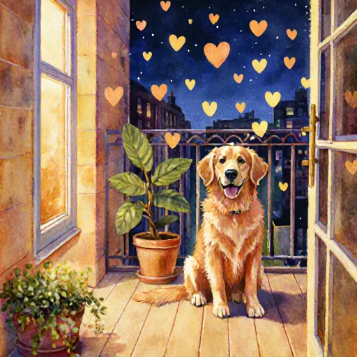 A collage of small and medium dogs enjoying indoor living: a terrier on a sofa, a bichon frise in a balcony garden, and a golden retriever curled up beside a city skyline.