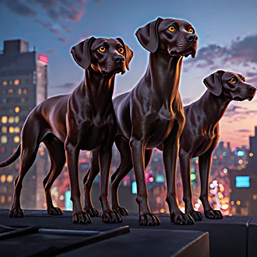 A Vizsla dog standing alert on a city sidewalk, ears perked, eyes focused, with urban buildings in the background.