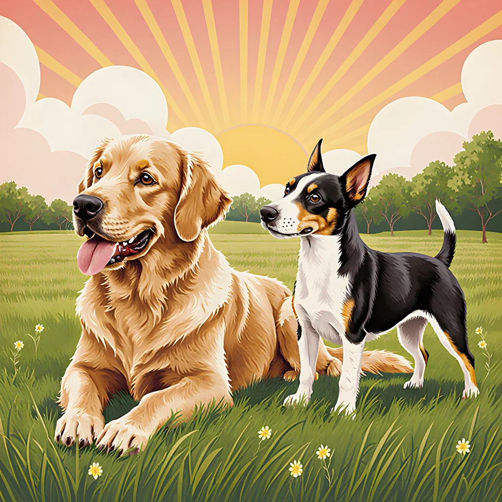 A group of vintage hounds running across a lush green field under a clear blue sky, showcasing their energetic playfulness.