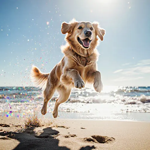 A joyful golden retriever mid‑jump with a smartphone capturing its playful moment on a sunny street.