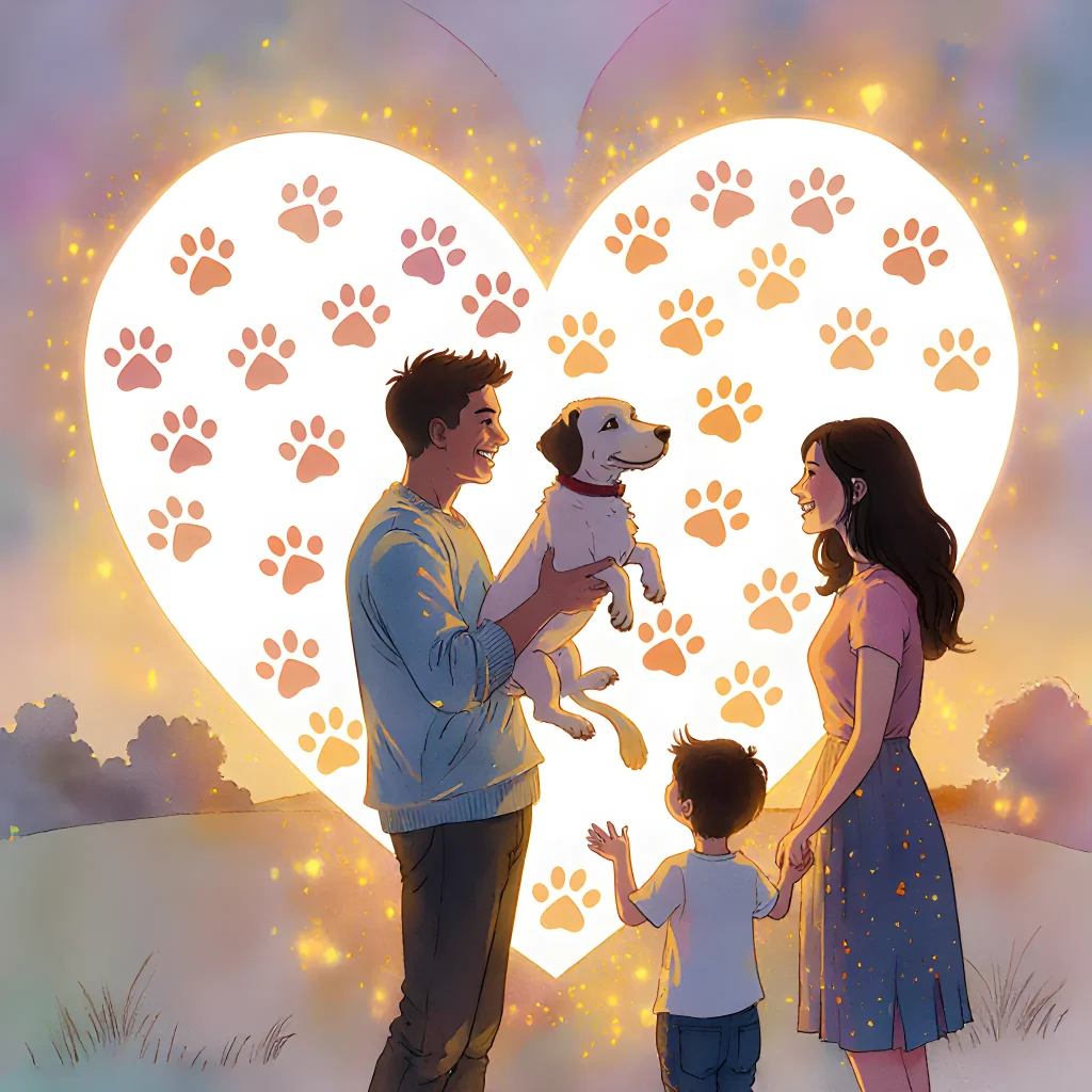 A joyful dog with a paw print on its paw, surrounded by a bright, hopeful background, symbolizing successful pet adoptions