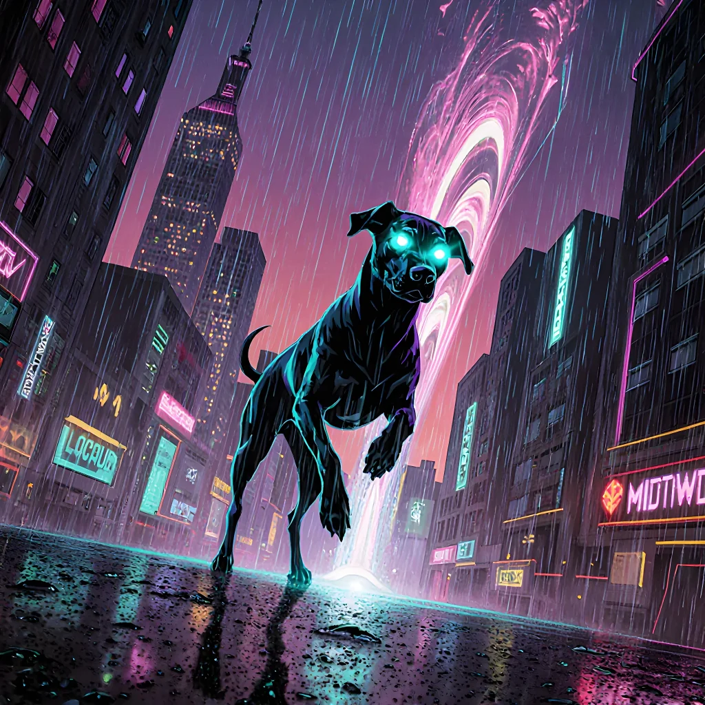 A playful dog navigating a futuristic digital cityscape with neon buildings and interactive obstacles