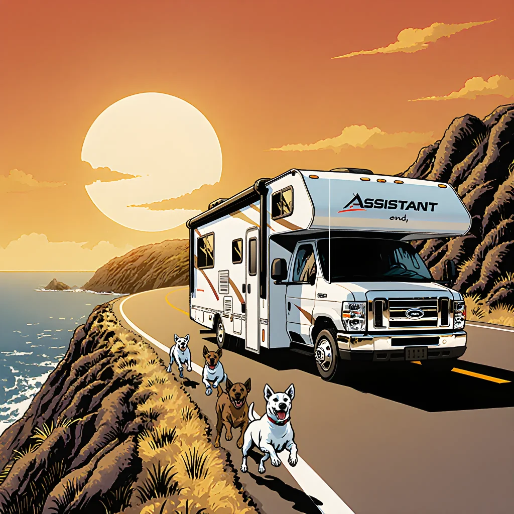 A family of dogs happily exploring scenic, dog-friendly RV roadways across diverse landscapes.