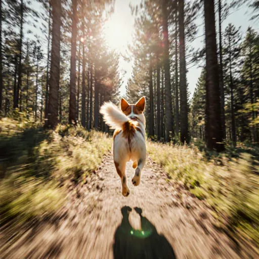 A happy dog running along a forest trail during sunrise, symbolizing a rewarding trail race experience.