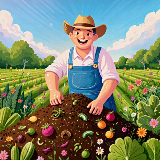 Waste Not, Want Not: A farmer tending to a compost pile with lush green plants growing around