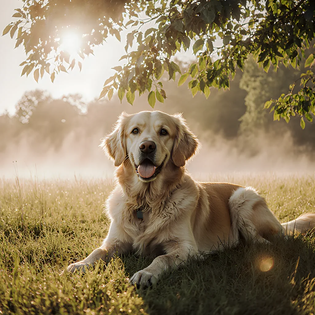 A joyful golden retriever splashing in a calm lake, symbolizing health and longevity through aquatic exercise