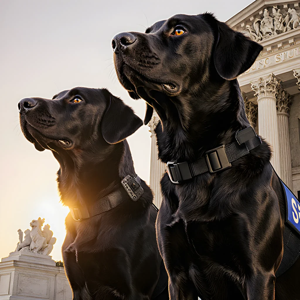 Two dogs—one a therapy dog with a gentle expression, the other a service dog in a harness—standing beside a courthouse, symbolizing the intersection of love and legislation.