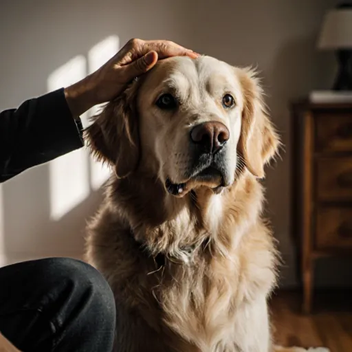 A calm person speaking softly to a loyal dog sitting attentively nearby, illustrating the connection between human emotions and canine listening.