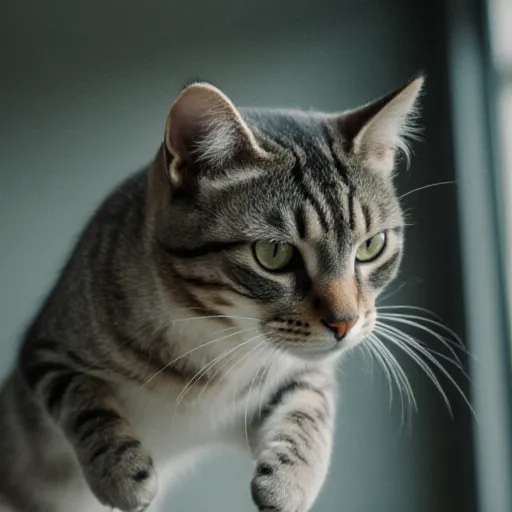 Cats performing stylish jumps and leaps in various indoor and outdoor settings.