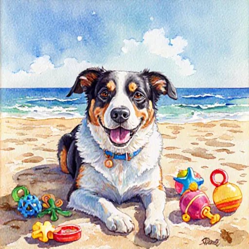 Beach scene with pets in different comfortable positions enjoying the sun