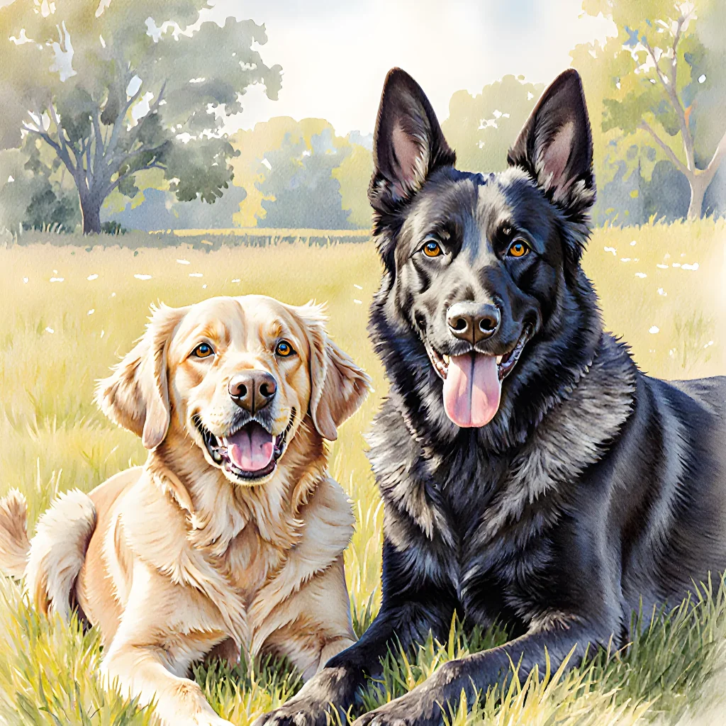 A happy family walking with a cheerful dog in a sunny park