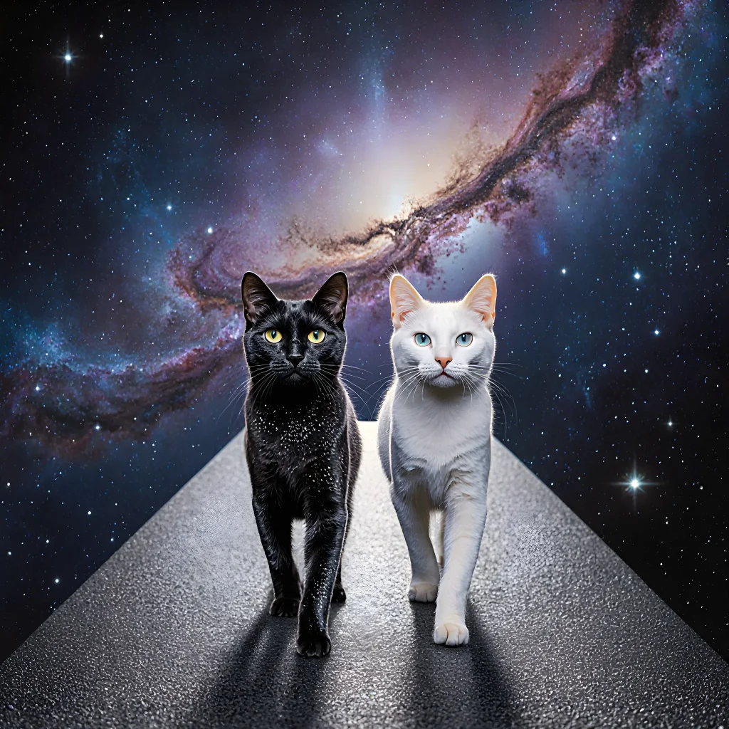 A stylish cat wearing a sparkling space-themed outfit walks confidently on a glowing runway under neon stars, showcasing planetary purrs and whisker chic