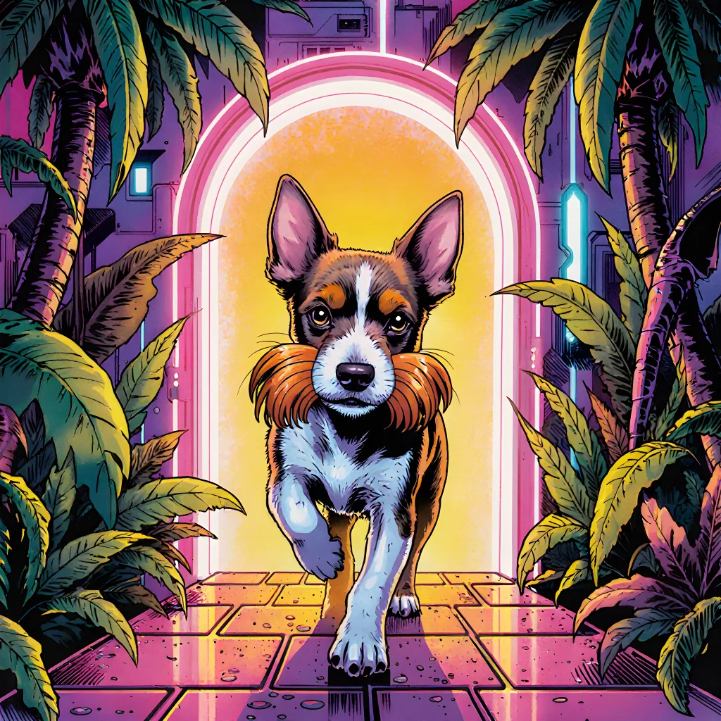 A dog wearing a futuristic headset, eyes wide with wonder, standing beside a glowing portal that opens to vibrant, surreal landscapes.