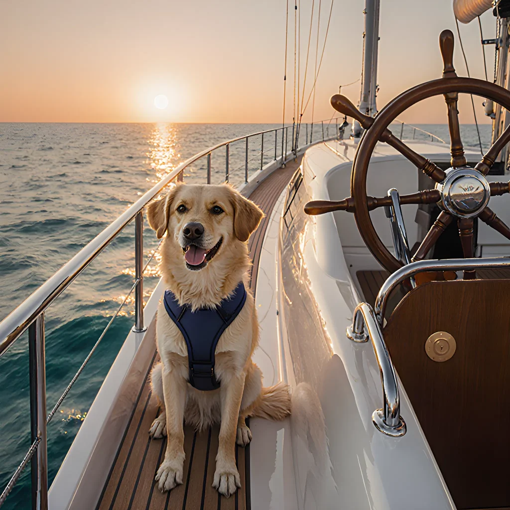 A sleek luxury yacht glides across crystal clear waters while a happy dog enjoys the breeze on a spacious deck
