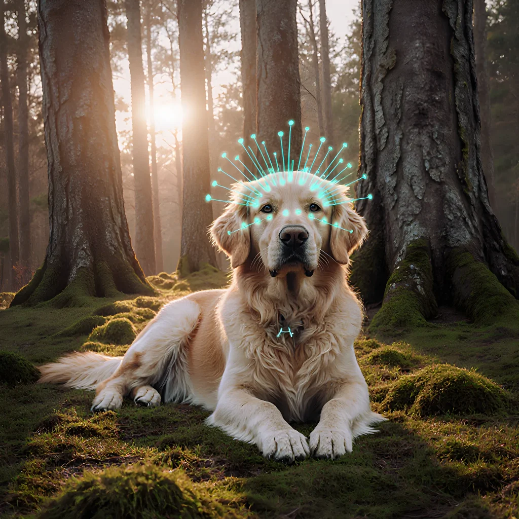 A calm golden retriever lying on a soft mat while a veterinarian gently applies acupuncture needles to its back