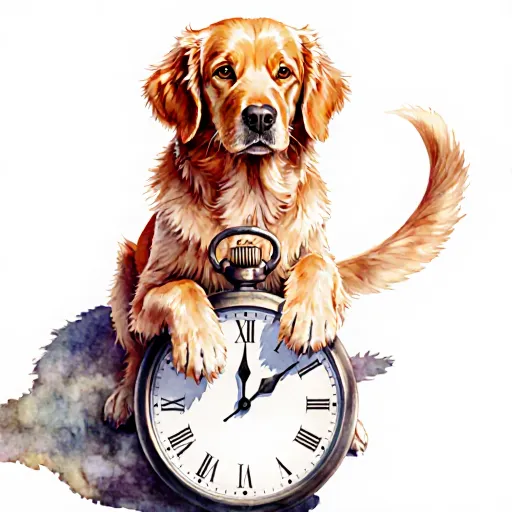 A content dog sitting patiently beside a clock on a cozy living room floor, symbolizing predictable moments
