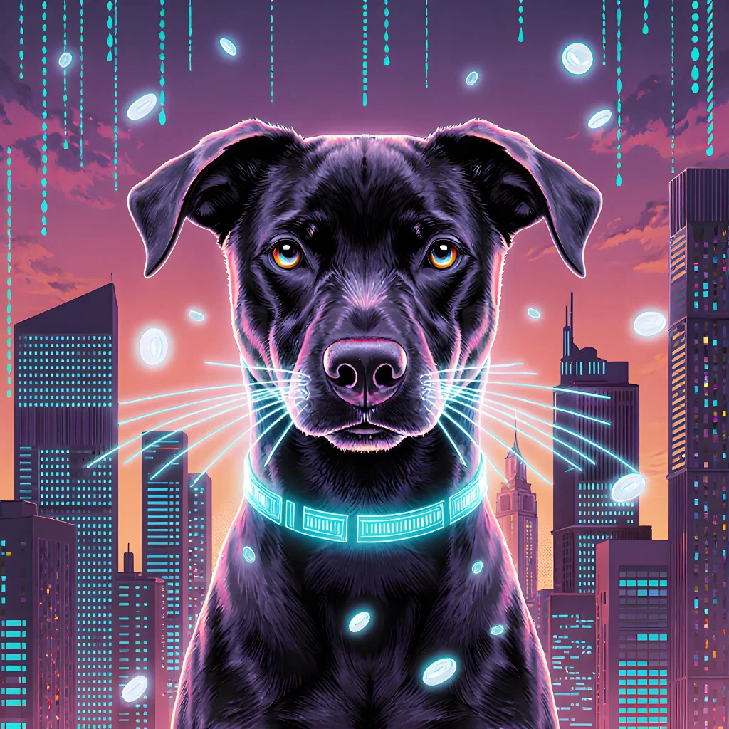 A sleek, futuristic dog collar with glowing sensors resting on a wooden table, symbolizing cutting‑edge technology for pets