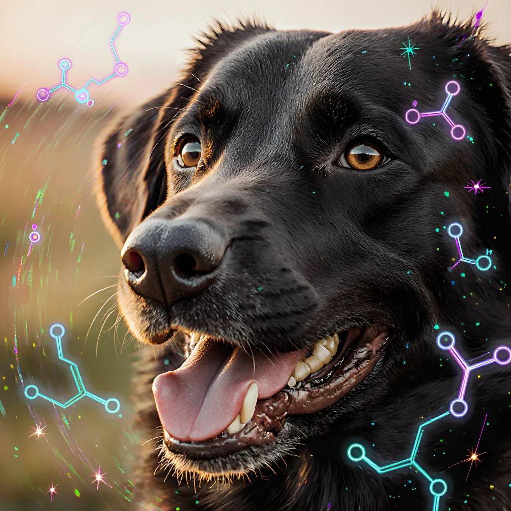 A joyful dog with a glowing whisker, symbolizing the hidden chemical reactions behind its happiness