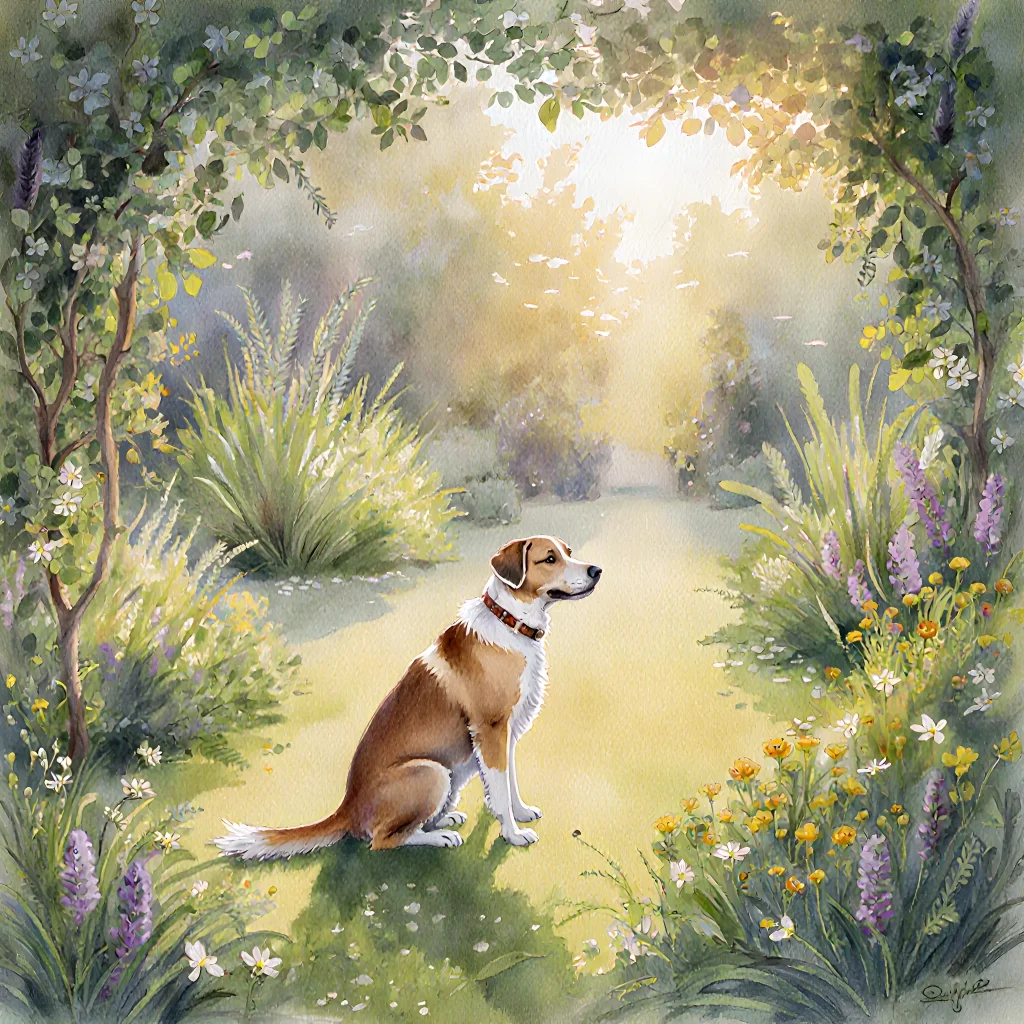 A gentle mixed‑breed dog with unique markings sits on a sofa, surrounded by a happy family welcoming the pet into their home.