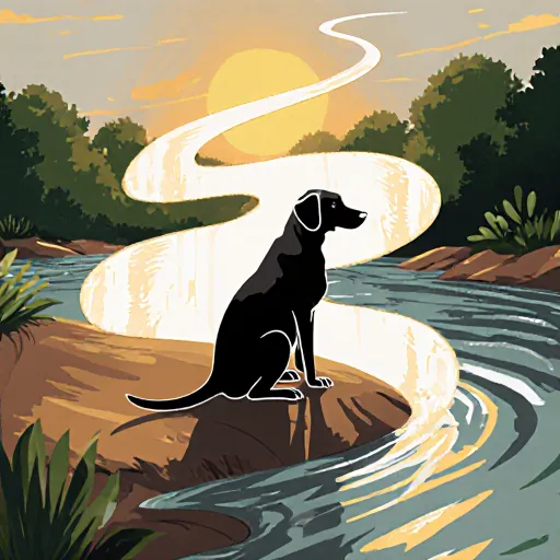 A happy dog wearing a bright safety vest standing beside a calm riverbank, with a family watching nearby, illustrating dog protection during river activities