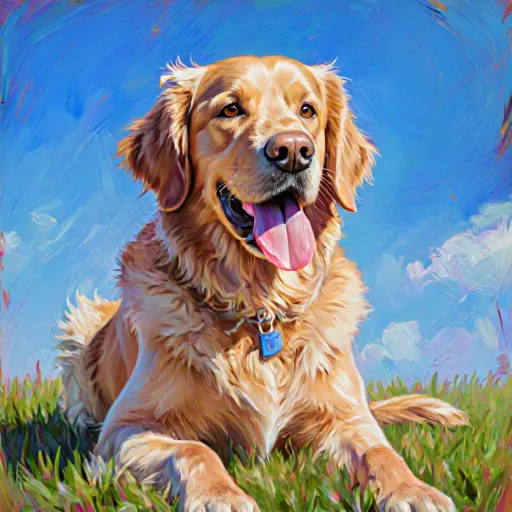 A golden retriever wagging its tail while sitting on a cozy couch
