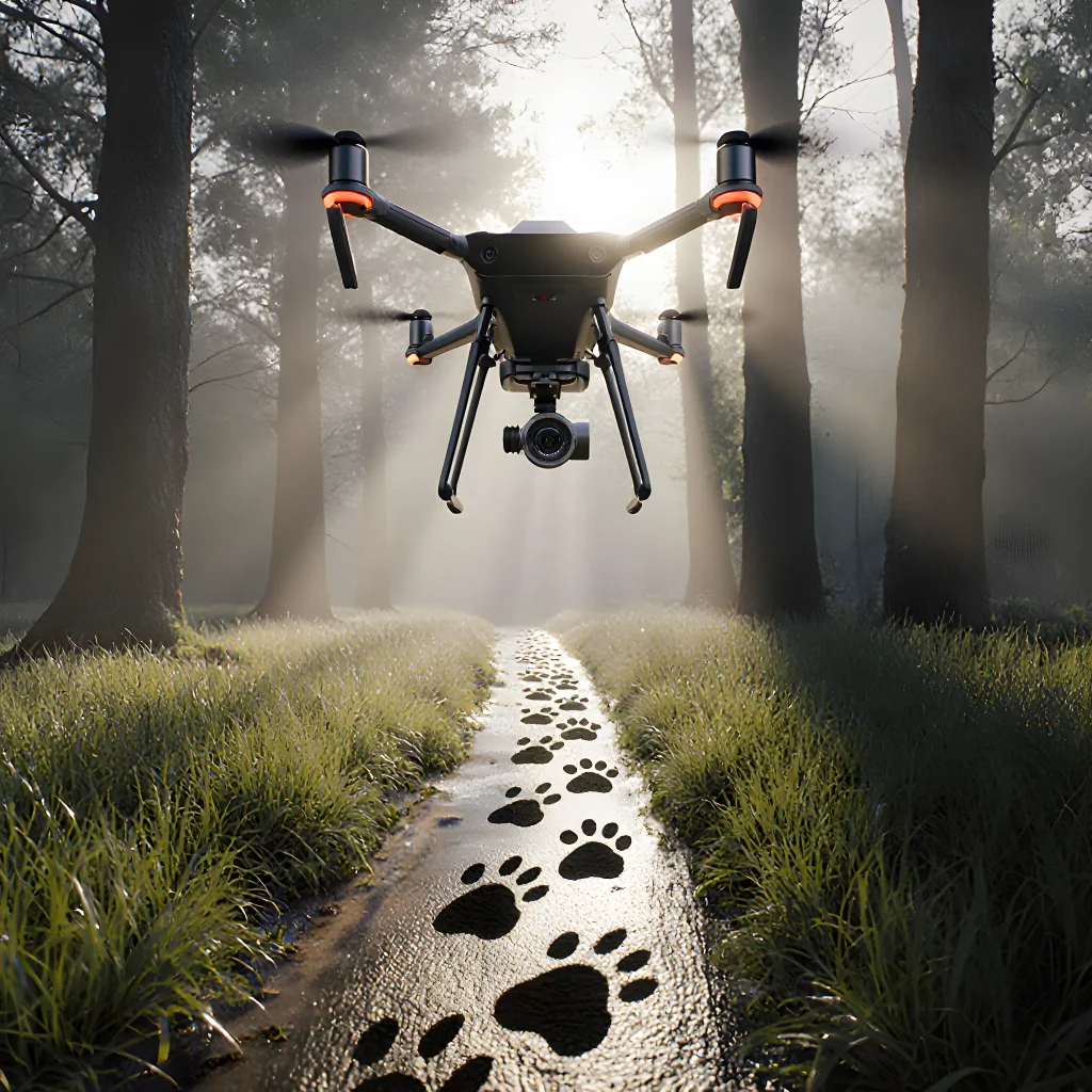 Drone hovering over a forest trail, photographing footprints of a missing dog