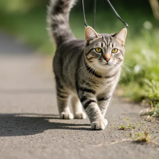 Close-up of a happy cat wearing a stylish harness, surrounded by walking essentials