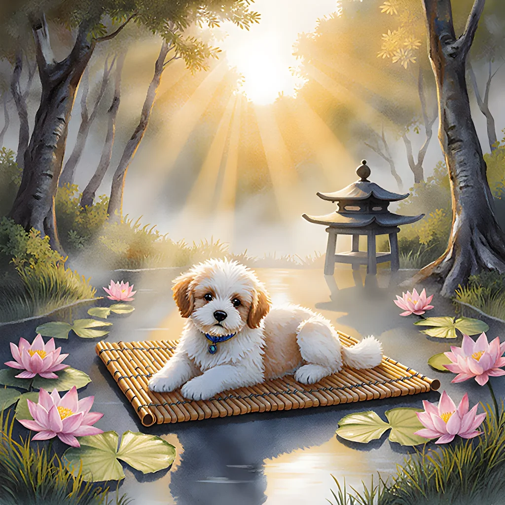 A calm, smiling golden retriever lying peacefully on a soft yoga mat surrounded by plush toys, lavender essential oil bottle, and a steaming cup of herbal tea—illustrating the serene atmosphere of a Zen Canine Retreat.